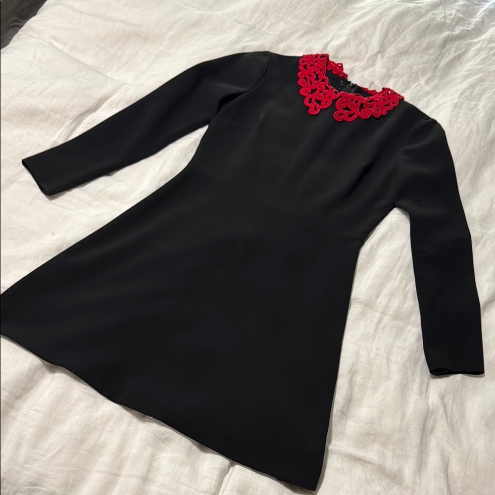 Sandro Black and Red Sheath Dress with Peter Pan Collar